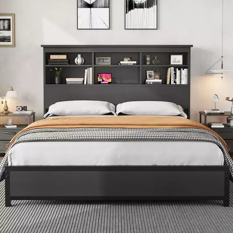 Cadre de lit avec étagère à 2 niveaux et tête de lit haute, pas besoin de sommier, montage facile, cadre de matelas noir