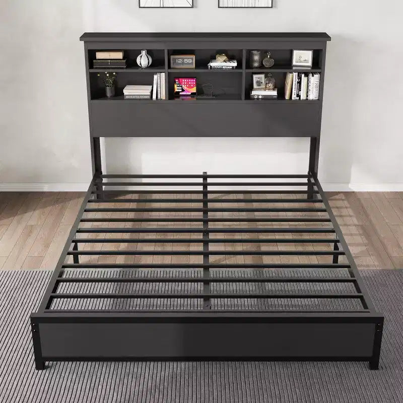 Cadre de lit avec étagère à 2 niveaux et tête de lit haute, pas besoin de sommier, montage facile, cadre de matelas noir