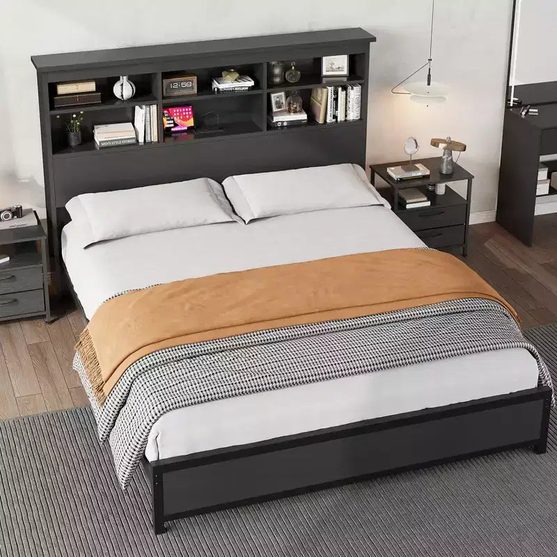 Cadre de lit avec étagère à 2 niveaux et tête de lit haute, pas besoin de sommier, montage facile, cadre de matelas noir