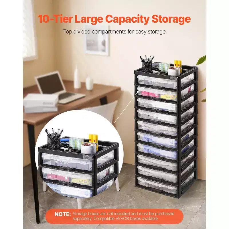 Plastic Storage Organizer, 10-Tier Large Capacity with Organizer Top, Black Frame Only, PP Material Multifunctional Scrapbook Storage, Black