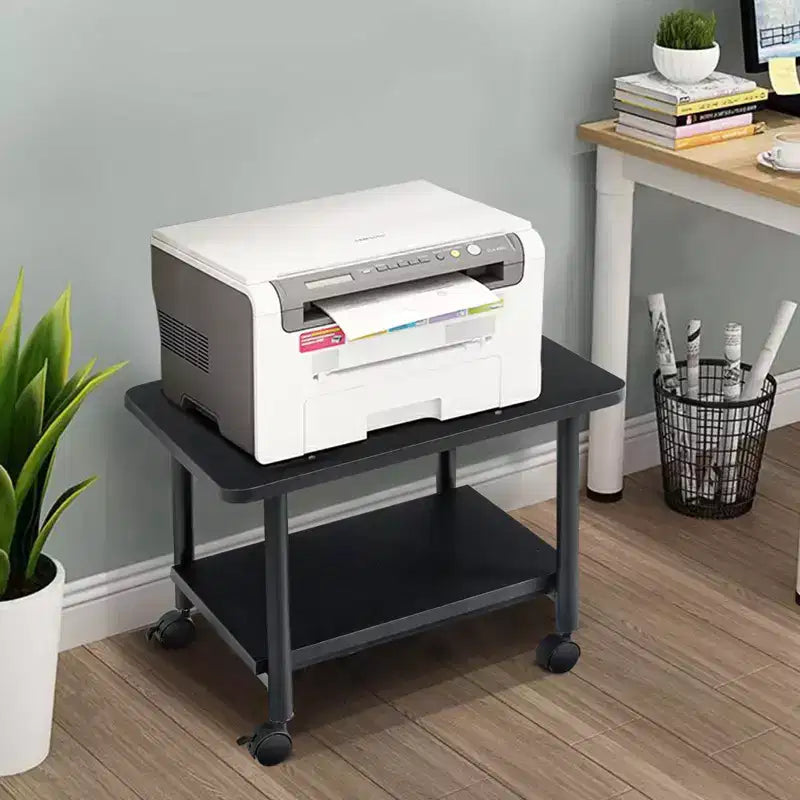 Chariot d'imprimante roulant à 2 niveaux sous le bureau avec 2 étagères de rangement, support d'imprimante pour bureau à domicile