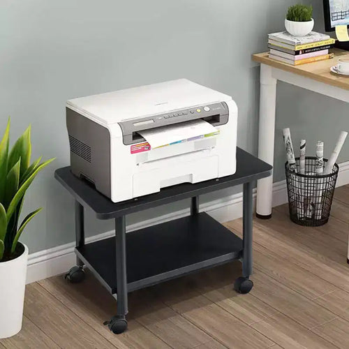 Chariot d'imprimante roulant à 2 niveaux sous le bureau avec 2 étagères de rangement, support d'imprimante pour bureau à domicile