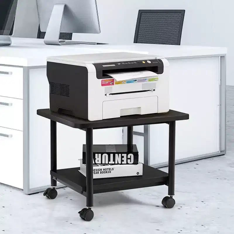 Chariot d'imprimante roulant à 2 niveaux sous le bureau avec 2 étagères de rangement, support d'imprimante pour bureau à domicile
