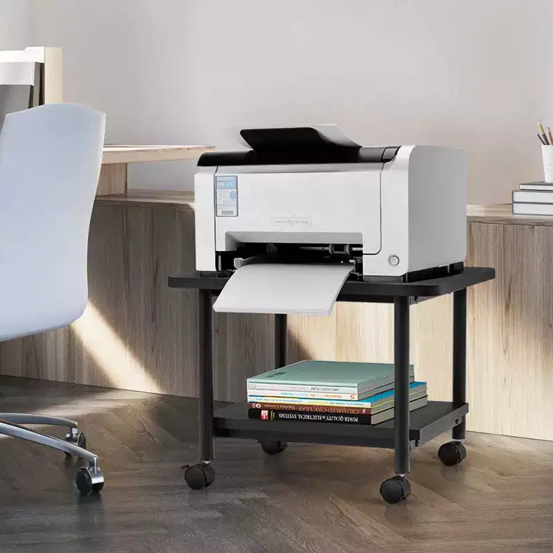 Chariot d'imprimante roulant à 2 niveaux sous le bureau avec 2 étagères de rangement, support d'imprimante pour bureau à domicile