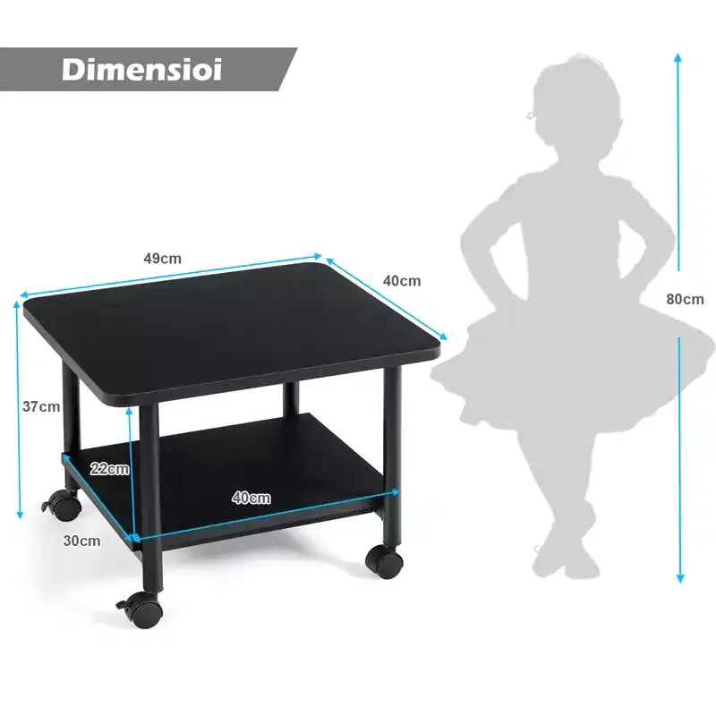 Chariot d'imprimante roulant à 2 niveaux sous le bureau avec 2 étagères de rangement, support d'imprimante pour bureau à domicile