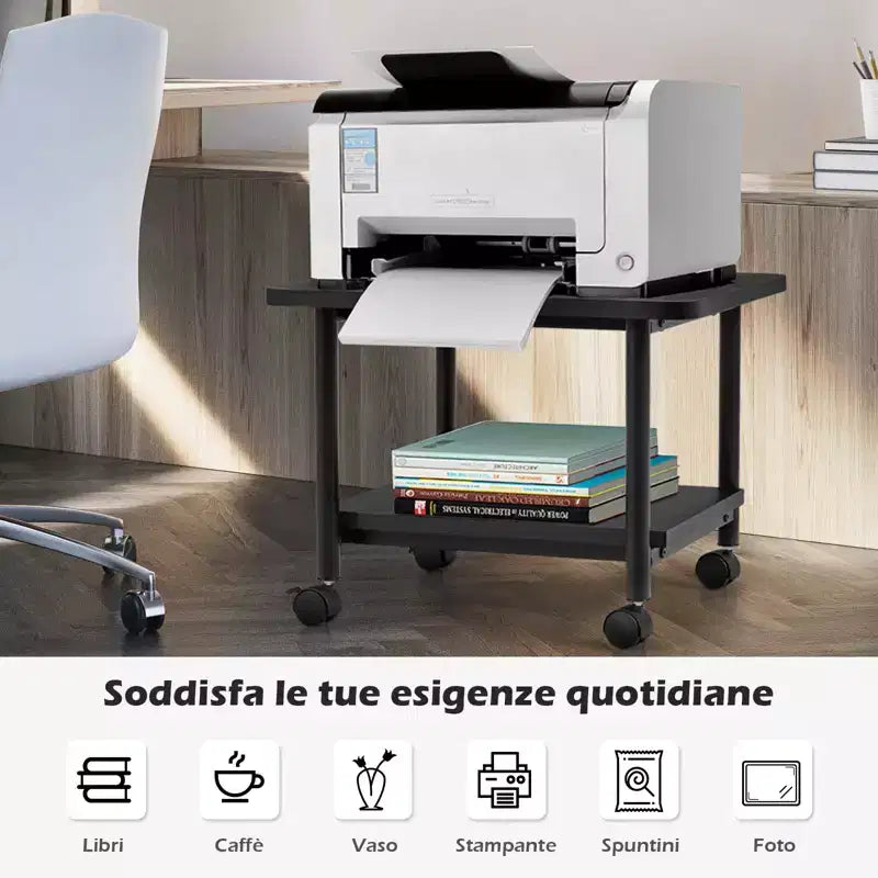 Chariot d'imprimante roulant à 2 niveaux sous le bureau avec 2 étagères de rangement, support d'imprimante pour bureau à domicile