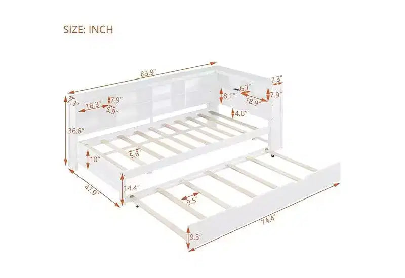 Lit gigogne double/grand format avec étagère de rangement, cadre de lit en bois avec ports USB de charge sans fil, capacité de charge de 113 kg