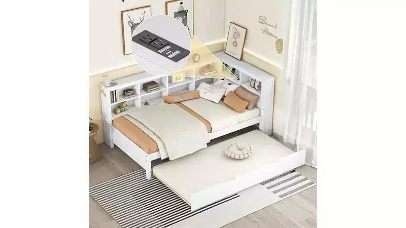 Lit gigogne double/grand format avec étagère de rangement, cadre de lit en bois avec ports USB de charge sans fil, capacité de charge de 113 kg
