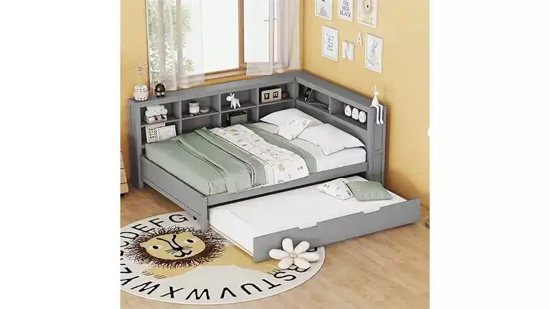 Twin/Full Size Beds with Storage Shelf, Wood Daybed Frame with Wireless Charging USB Ports, 250 Lbs Load Capacity