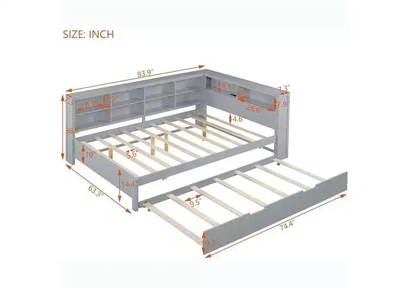 Twin/Full Size Beds with Storage Shelf, Wood Daybed Frame with Wireless Charging USB Ports, 250 Lbs Load Capacity