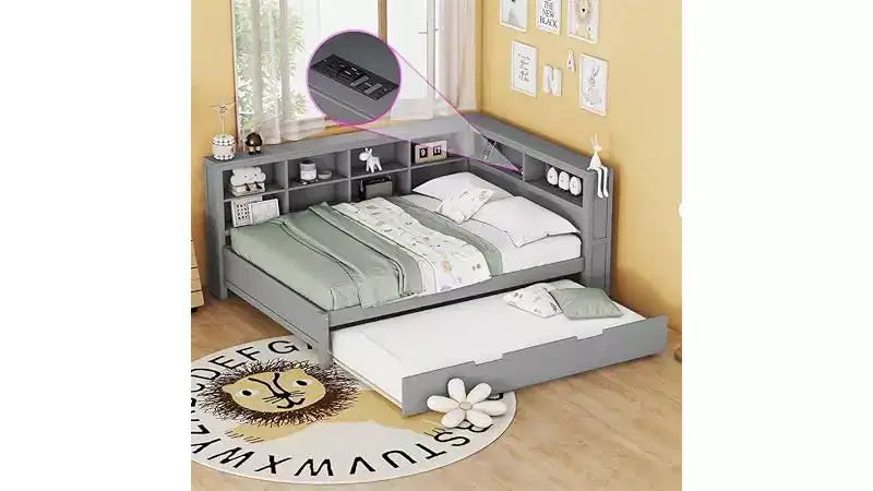 Twin/Full Size Beds with Storage Shelf, Wood Daybed Frame with Wireless Charging USB Ports, 250 Lbs Load Capacity