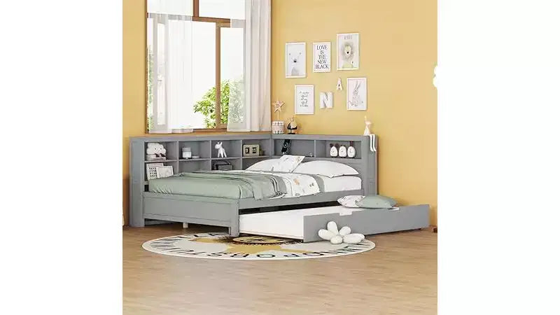 Twin/Full Size Beds with Storage Shelf, Wood Daybed Frame with Wireless Charging USB Ports, 250 Lbs Load Capacity