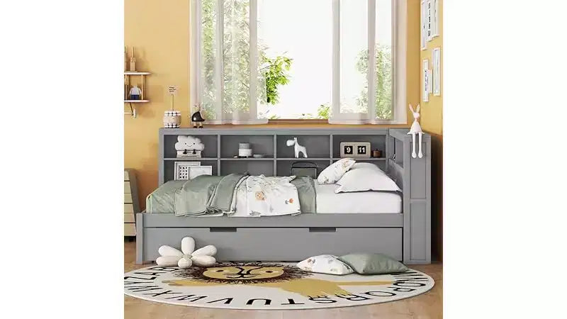 Lit gigogne double/grand format avec étagère de rangement, cadre de lit en bois avec ports USB de charge sans fil, capacité de charge de 113 kg