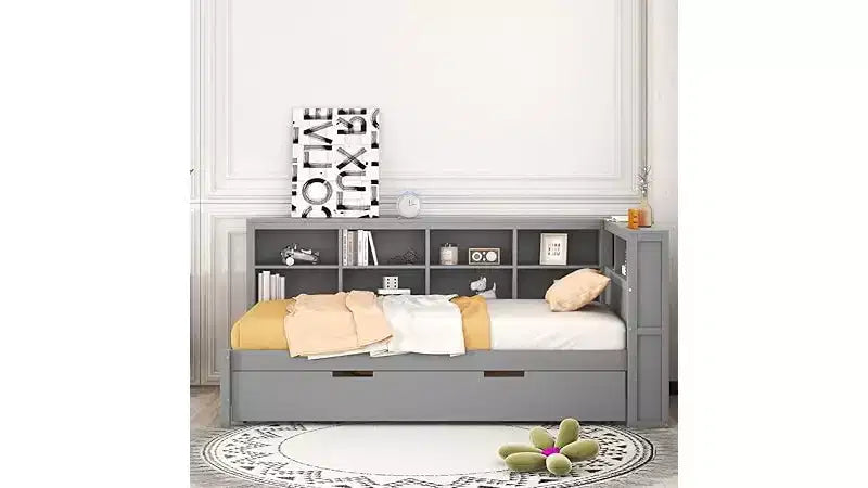 Lit gigogne double/grand format avec étagère de rangement, cadre de lit en bois avec ports USB de charge sans fil, capacité de charge de 113 kg