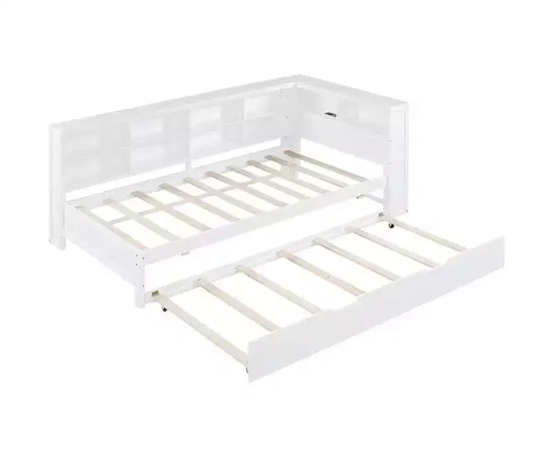Lit gigogne double/grand format avec étagère de rangement, cadre de lit en bois avec ports USB de charge sans fil, capacité de charge de 113 kg