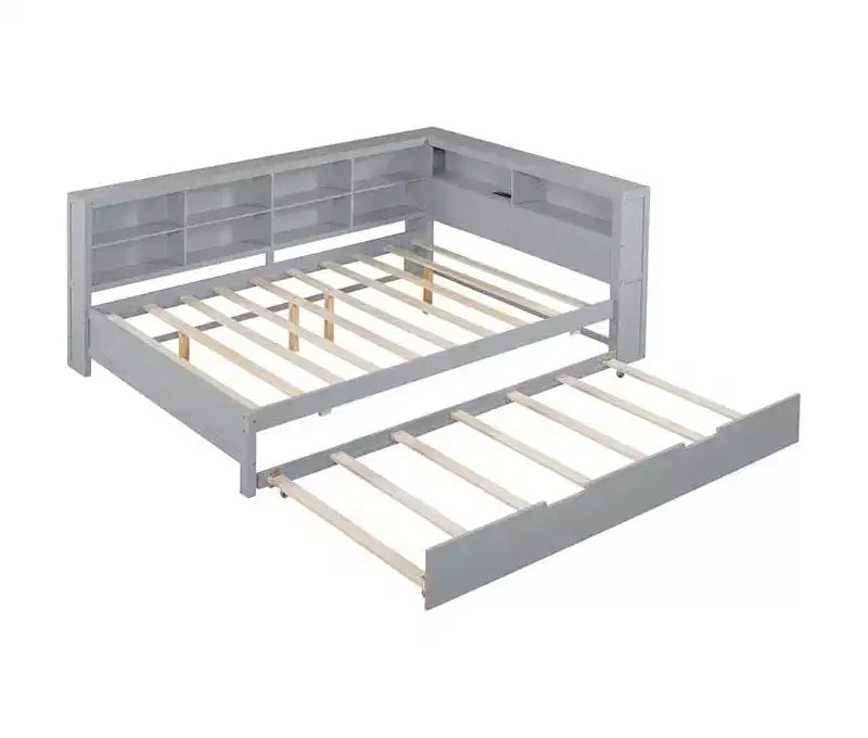 Twin/Full Size Beds with Storage Shelf, Wood Daybed Frame with Wireless Charging USB Ports, 250 Lbs Load Capacity