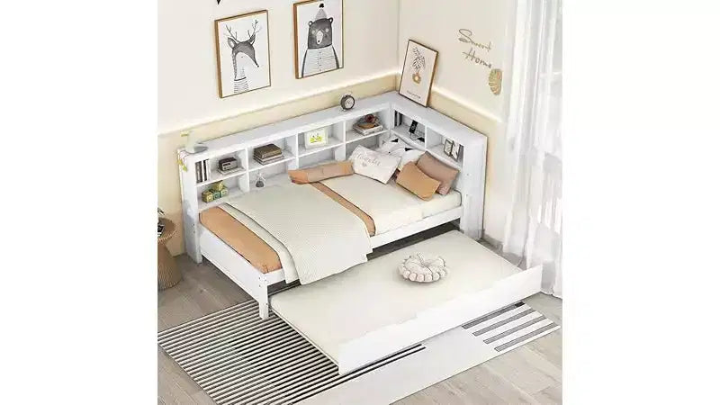 Twin/Full Size Beds with Storage Shelf, Wood Daybed Frame with Wireless Charging USB Ports, 250 Lbs Load Capacity