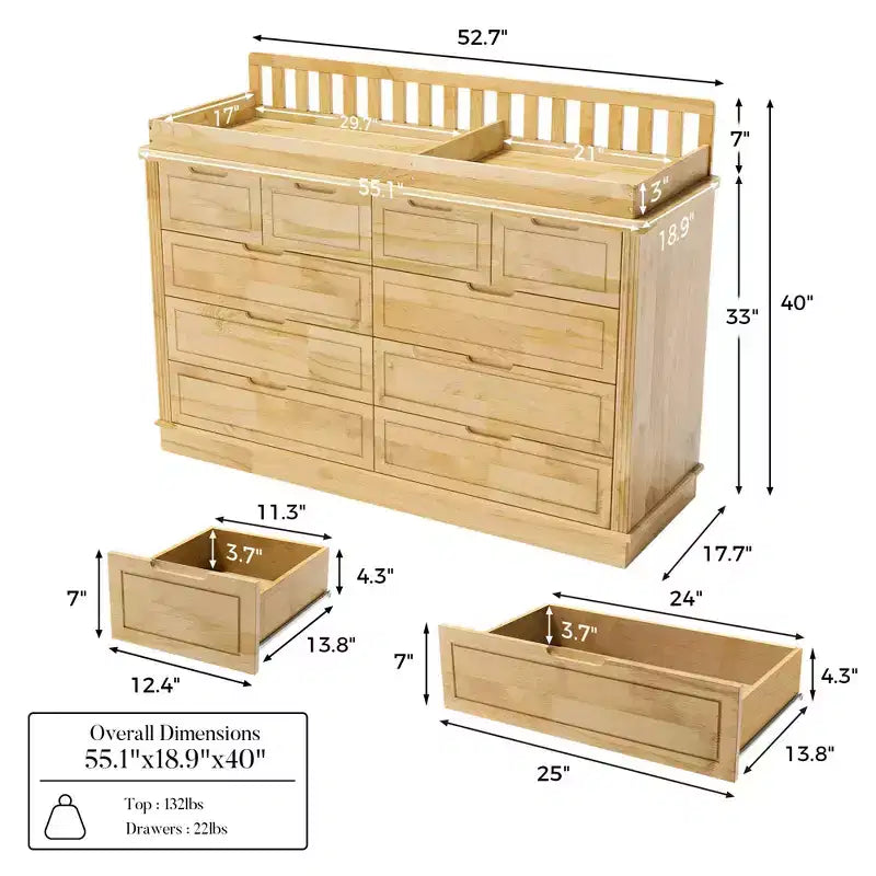 Solid Pine Wood Diaper Changing Table & Dresser: Removable Station,Drawer Storage, All-in-One Nursery Essential for Parents