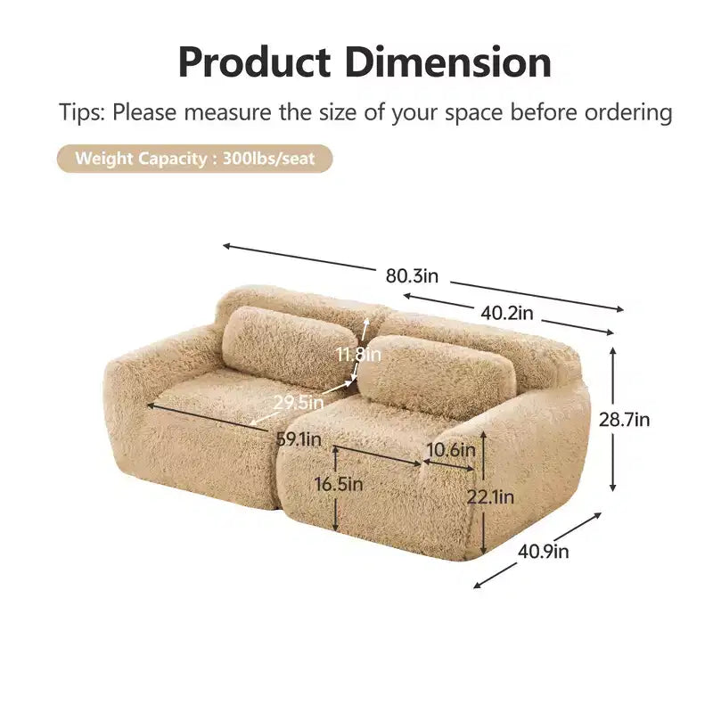 Canapé sectionnel modulaire rose 2 places de 203,96 cm avec coussins de traversin et éponge haute densité 32D pour salons