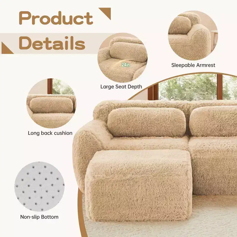 Canapé sectionnel modulaire rose 2 places de 203,96 cm avec coussins de traversin et éponge haute densité 32D pour salons