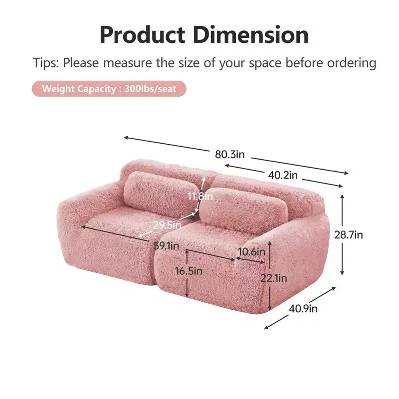 Canapé sectionnel modulaire rose 2 places de 203,96 cm avec coussins de traversin et éponge haute densité 32D pour salons