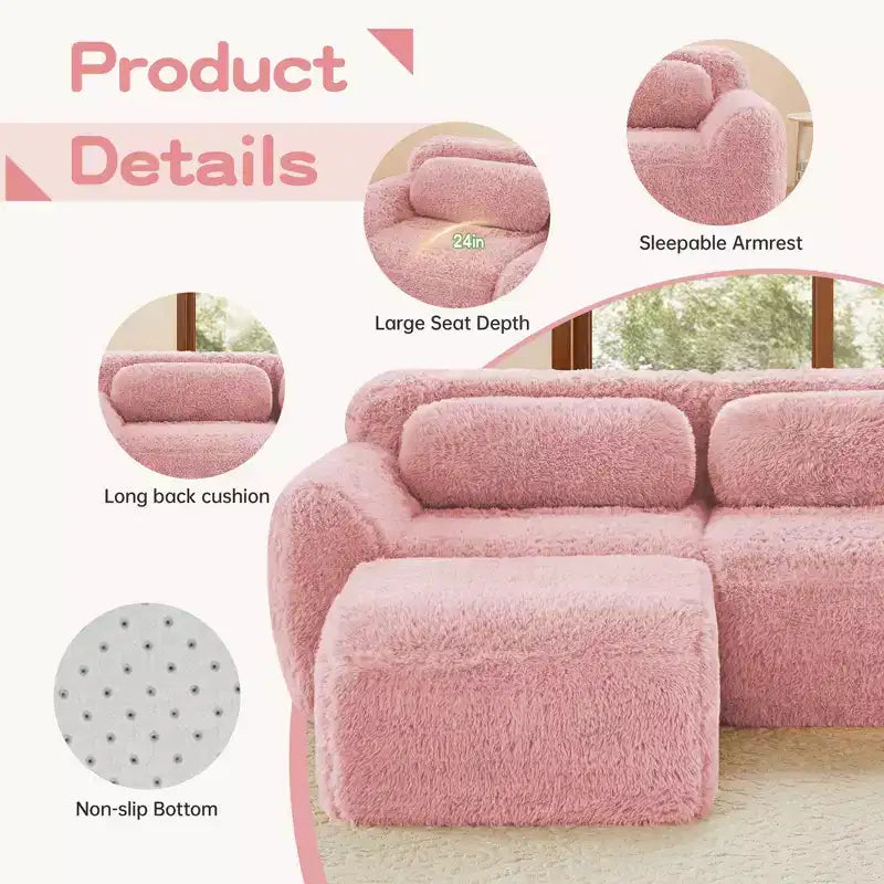 Canapé sectionnel modulaire rose 2 places de 203,96 cm avec coussins de traversin et éponge haute densité 32D pour salons