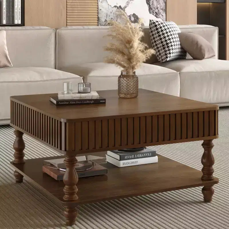 31.5 Modern Lift-Top Coffee Table with Storage, Retro Square Coffee Table with Solid Wood Legs, Stylish End Table for Living Room