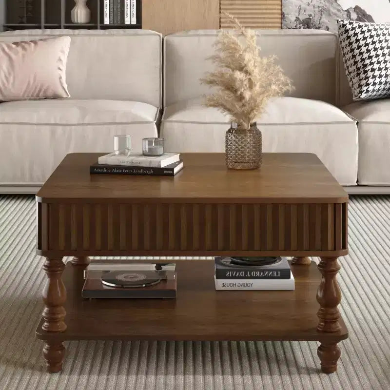 31.5 Modern Lift-Top Coffee Table with Storage, Retro Square Coffee Table with Solid Wood Legs, Stylish End Table for Living Room