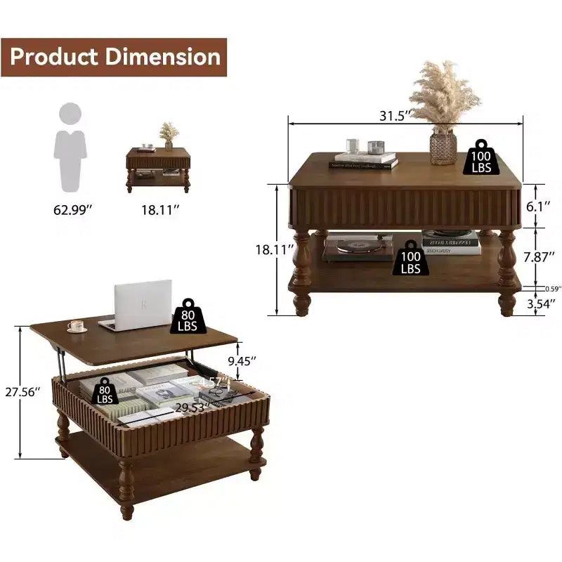31.5 Modern Lift-Top Coffee Table with Storage, Retro Square Coffee Table with Solid Wood Legs, Stylish End Table for Living Room