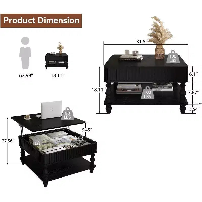 31.5 Modern Lift-Top Coffee Table with Storage, Retro Square Coffee Table with Solid Wood Legs, Stylish End Table for Living Room