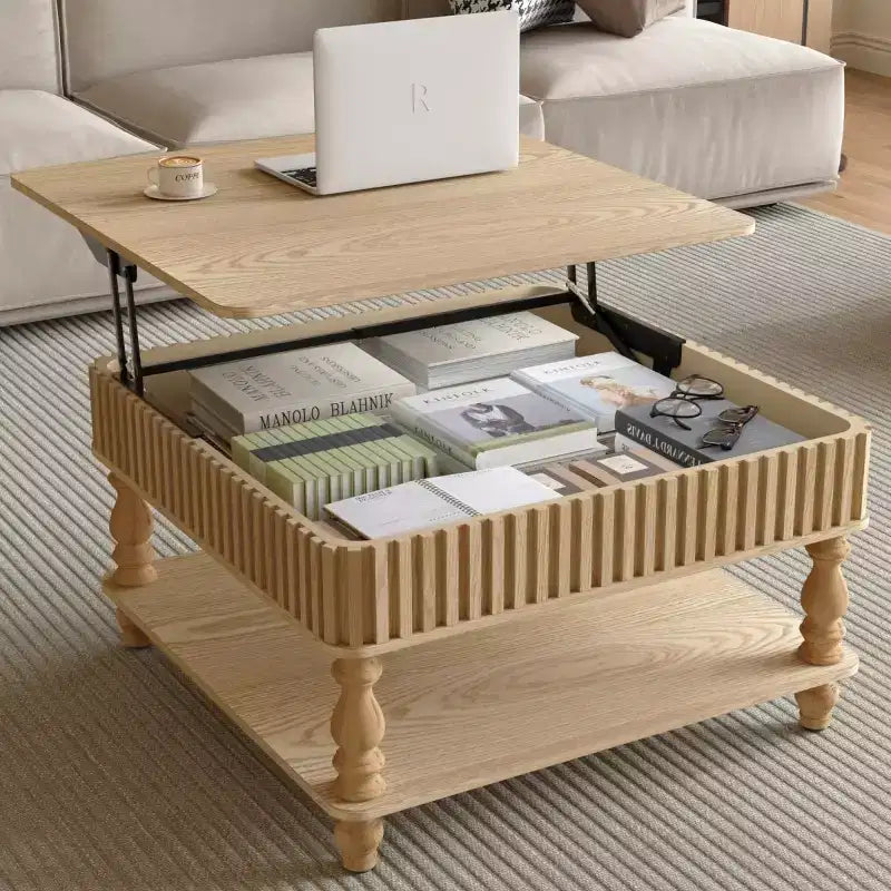 31.5 Modern Lift-Top Coffee Table with Storage, Retro Square Coffee Table with Solid Wood Legs, Stylish End Table for Living Room