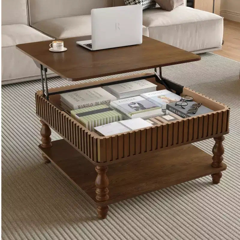 31.5 Modern Lift-Top Coffee Table with Storage, Retro Square Coffee Table with Solid Wood Legs, Stylish End Table for Living Room
