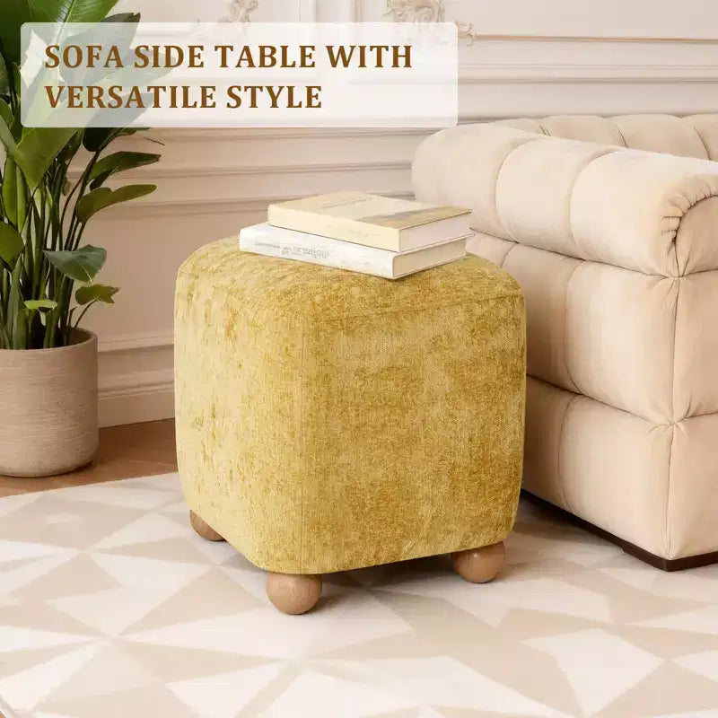 Pouffe carré avec cadre en bois d'acacia massif, repose-pieds cube rembourré en chenille (227 kg), petit pouf de salon et de chambre.