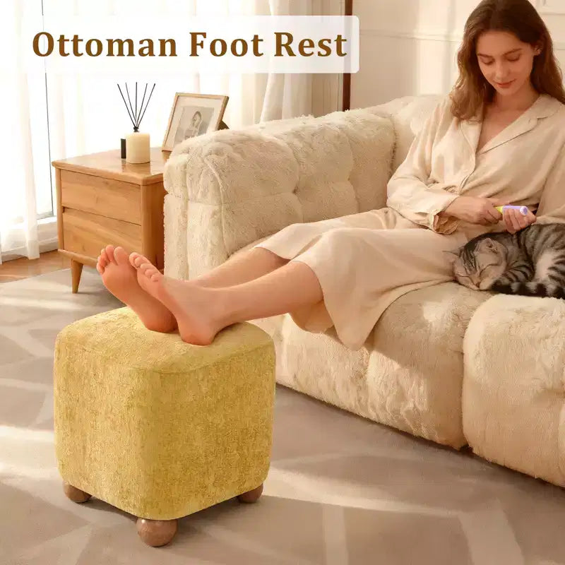 Pouffe carré avec cadre en bois d'acacia massif, repose-pieds cube rembourré en chenille (227 kg), petit pouf de salon et de chambre.