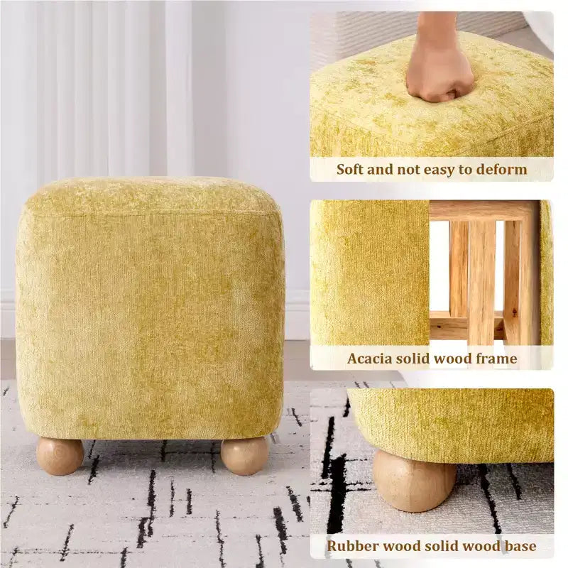 Pouffe carré avec cadre en bois d'acacia massif, repose-pieds cube rembourré en chenille (227 kg), petit pouf de salon et de chambre.
