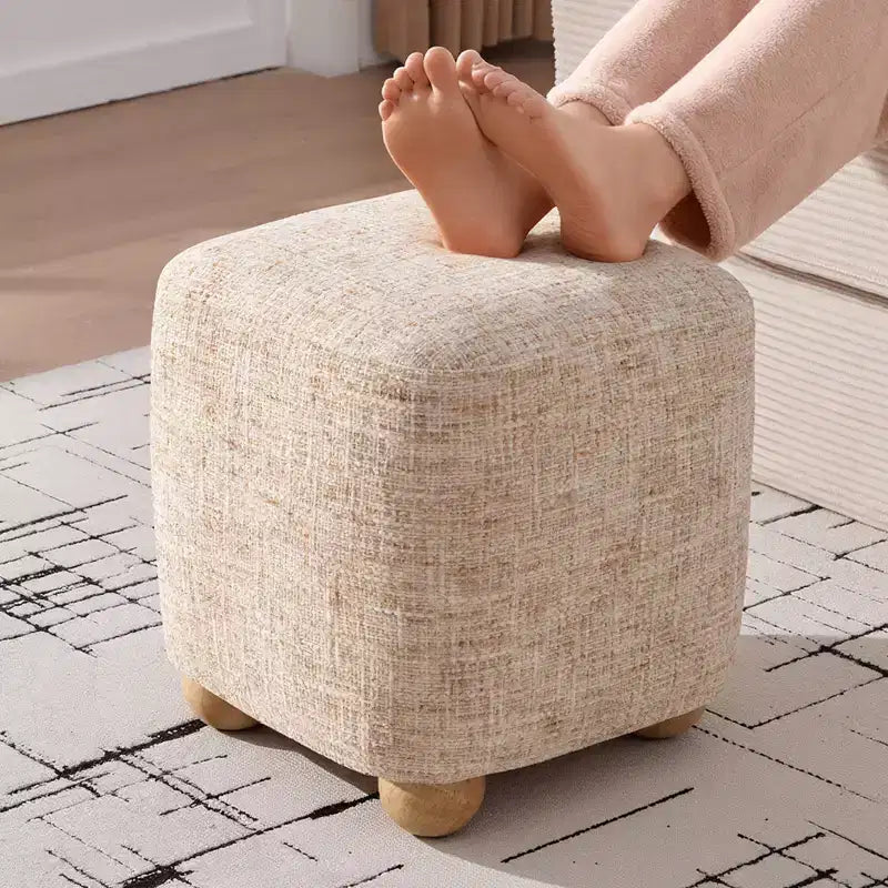 Square Ottoman with Solid Acacia Wood Frame,Chenille Upholstered Cube Footrest (500 lb), Small Living Room & Bedroom Ottoman