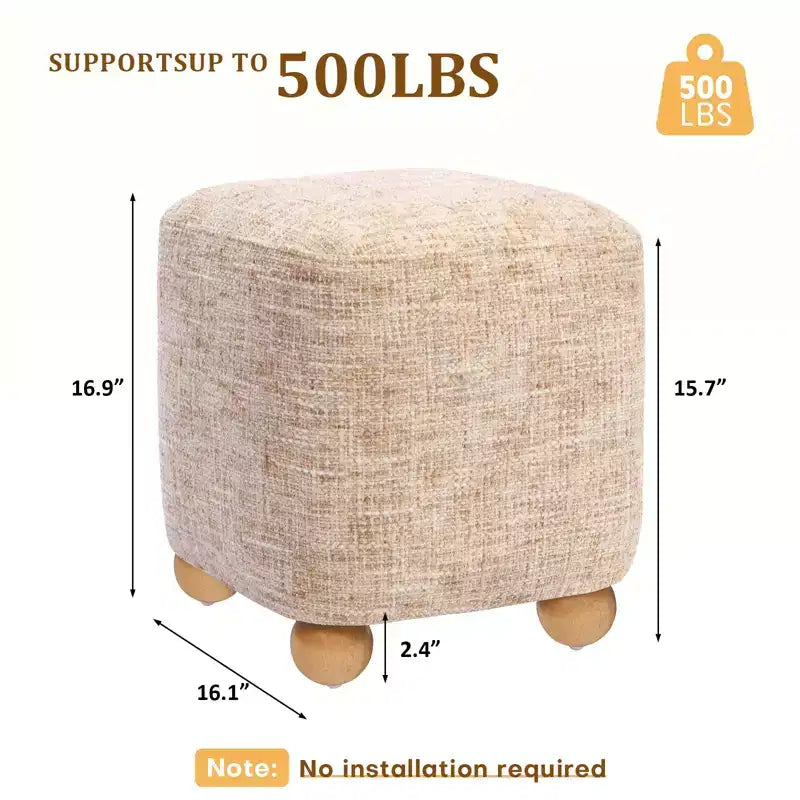 Square Ottoman with Solid Acacia Wood Frame,Chenille Upholstered Cube Footrest (500 lb), Small Living Room & Bedroom Ottoman