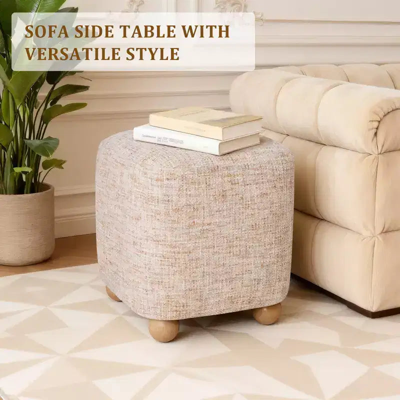 Square Ottoman with Solid Acacia Wood Frame,Chenille Upholstered Cube Footrest (500 lb), Small Living Room & Bedroom Ottoman