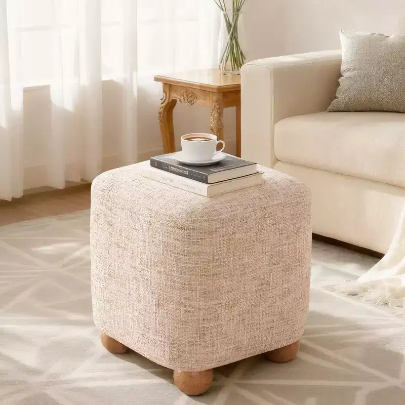 Bekrvio Square Ottoman with Solid Acacia Wood Frame,Chenille Upholstered Cube Footrest (500 lb), Small Living Room & Bedroom Ottoman