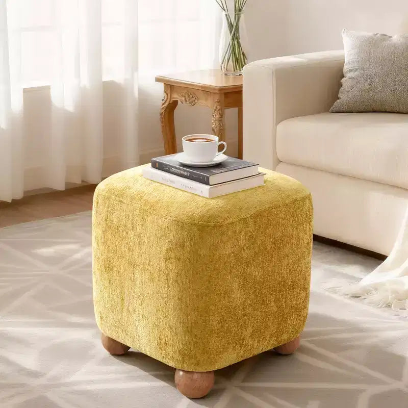 Square Ottoman with Solid Acacia Wood Frame,Chenille Upholstered Cube Footrest (500 lb), Small Living Room & Bedroom Ottoman