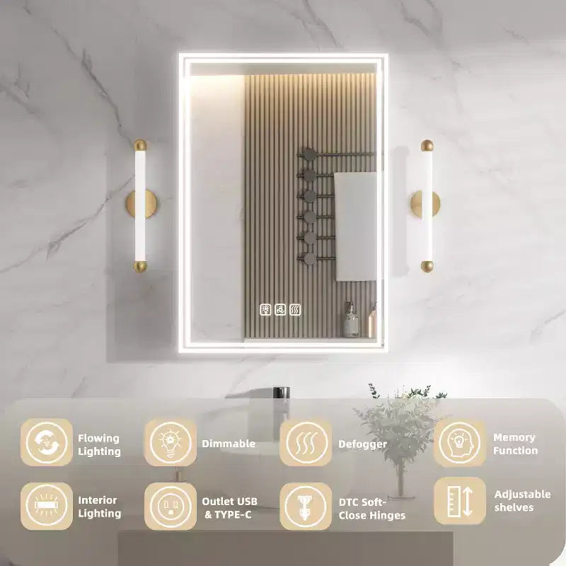 Rectangular Aluminum Medicine Cabinet with Mirror and Light, Dimmable, Anti-fog, Fully Assembled