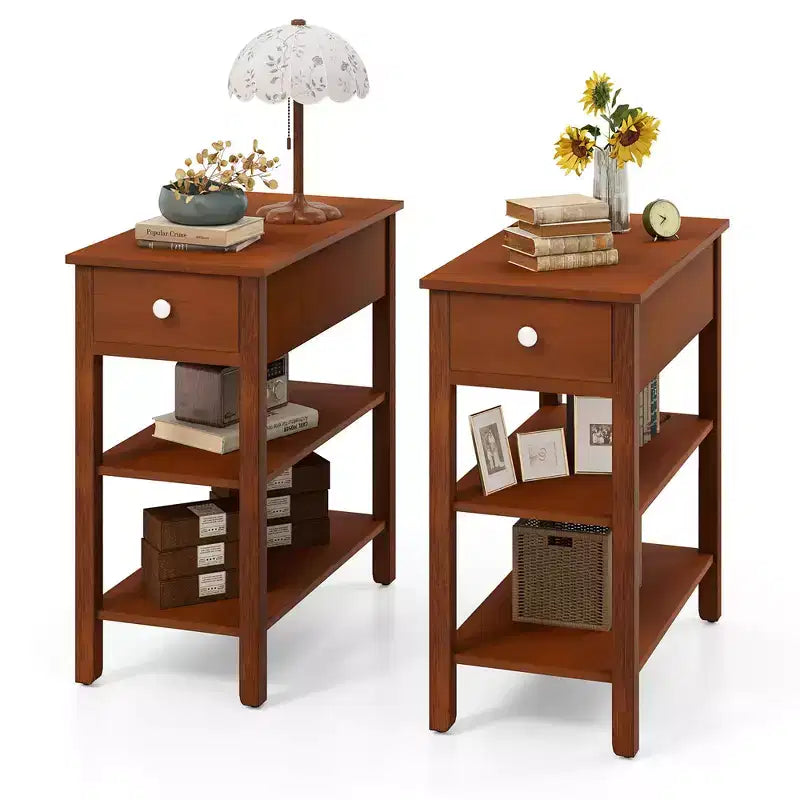Costway 2 PCS Narrow End Tables w/Drawer Shelves & Rubber Wood Legs Sofa Side Table