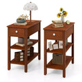 Costway 2 PCS Narrow End Tables w/Drawer Shelves & Rubber Wood Legs Sofa Side Table