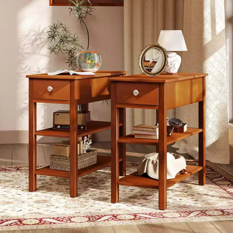 2 PCS Narrow End Tables w/Drawer Shelves & Rubber Wood Legs Sofa Side Table