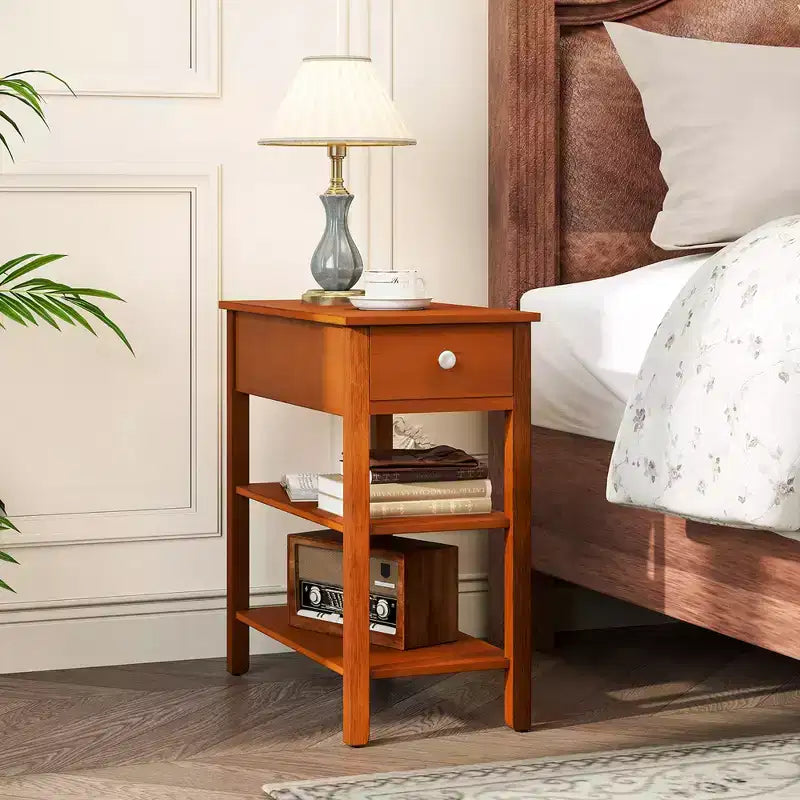 2 PCS Narrow End Tables w/Drawer Shelves & Rubber Wood Legs Sofa Side Table