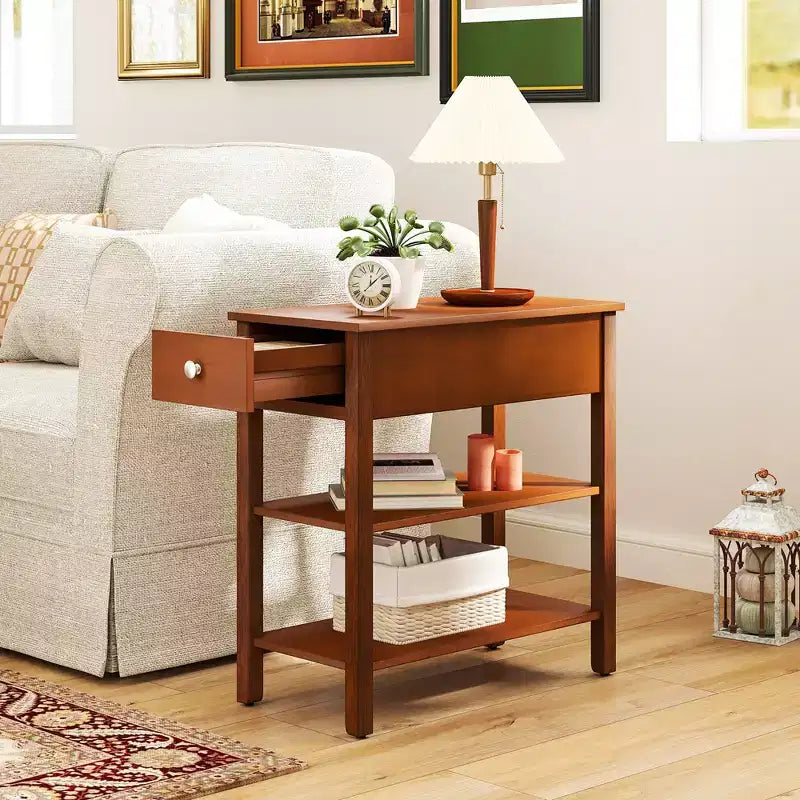 2 tables d'appoint étroites avec tiroirs, étagères et pieds en bois d'hévéa