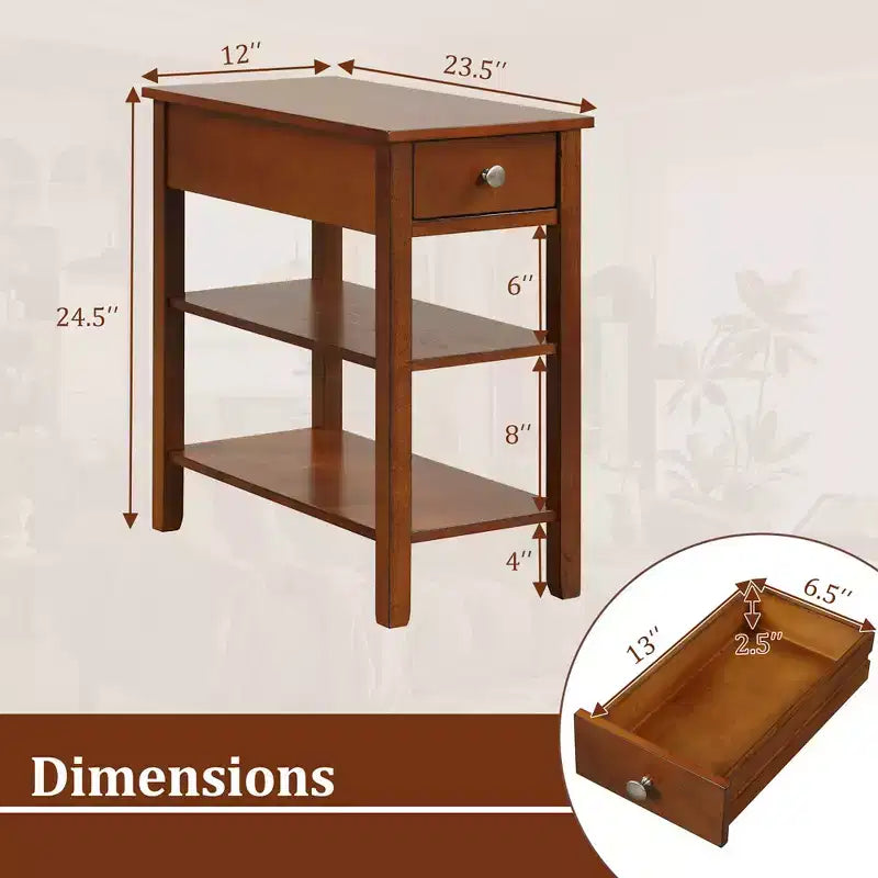 2 tables d'appoint étroites avec tiroirs, étagères et pieds en bois d'hévéa