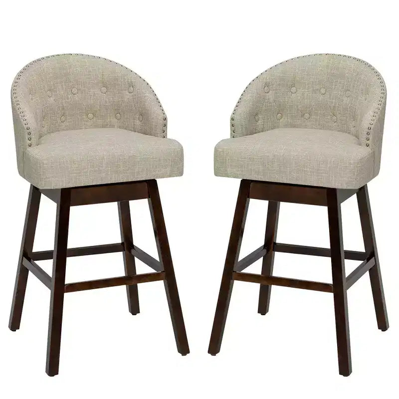 Costway Set of 2 Swivel Bar Stools Tufted Bar Height Pub Chairs w/ Rubber Wood Legs