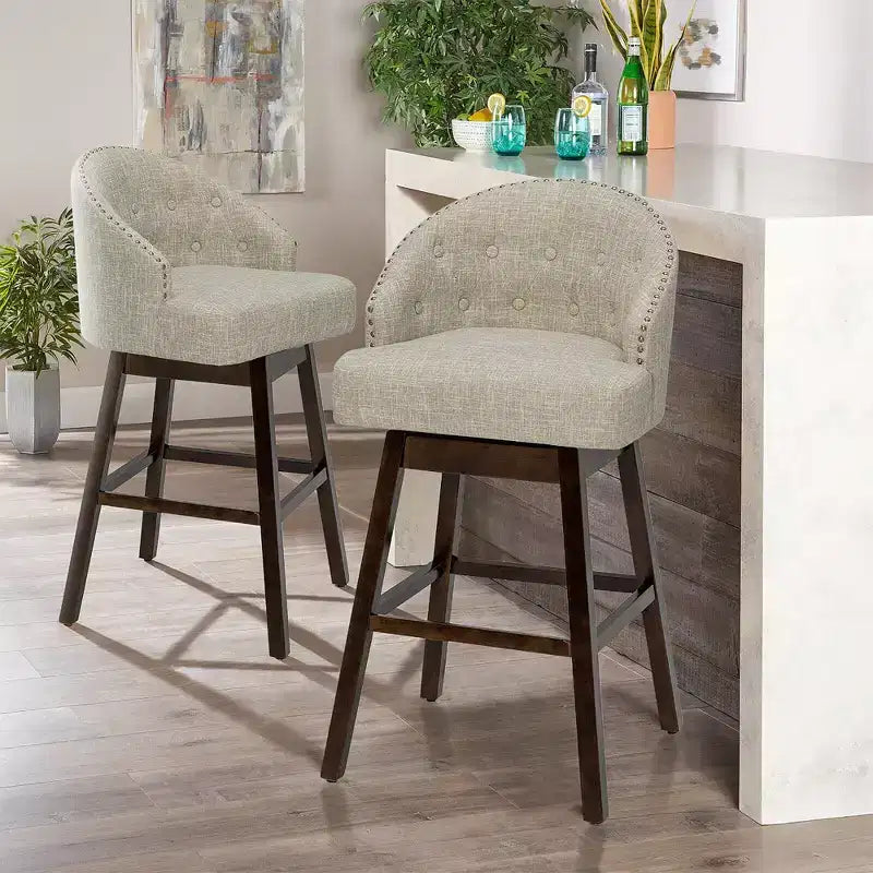 Set of 2 Swivel Bar Stools Tufted Bar Height Pub Chairs w/ Rubber Wood Legs