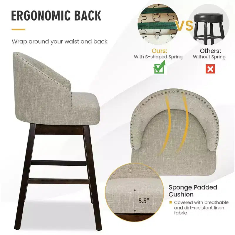Set of 2 Swivel Bar Stools Tufted Bar Height Pub Chairs w/ Rubber Wood Legs